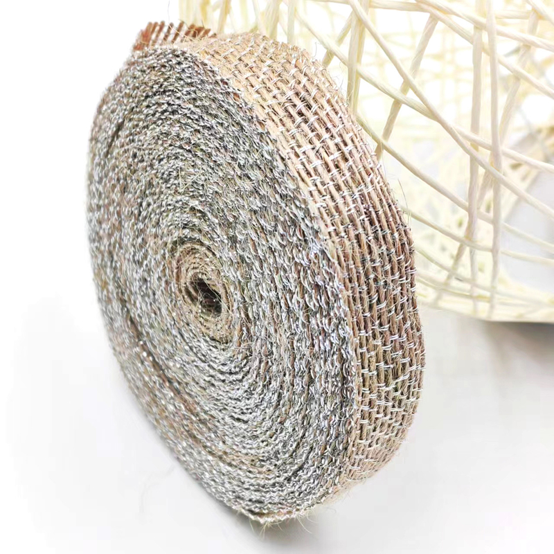 Decorazione fai da te Nastro di tessuto di giuta con linea da pesca argento 85% giuta 15% poliestere
